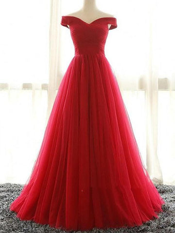 Red A Line Off Shoulder Floor Length Tulle Prom Dresses, Off Shoulder Graduation Dresses, Red Formal Dresses