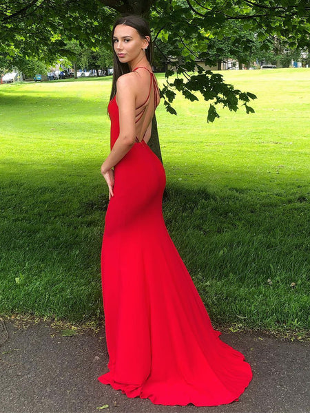 Red Mermaid Backless Long Prom Dresses, Mermaid Red Formal Dresses, Red Evening Dresses