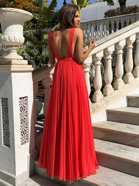 Red A Line V Neck Floor Length Pleated Chiffon Long Prom Dresses, V Neck Red Formal Dresses, Evening Dresses