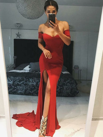 Red Mermaid Off Shoulder Long Prom Dresses with High Slit, Red Mermaid Formal Dresses, Red Graduation Dresses