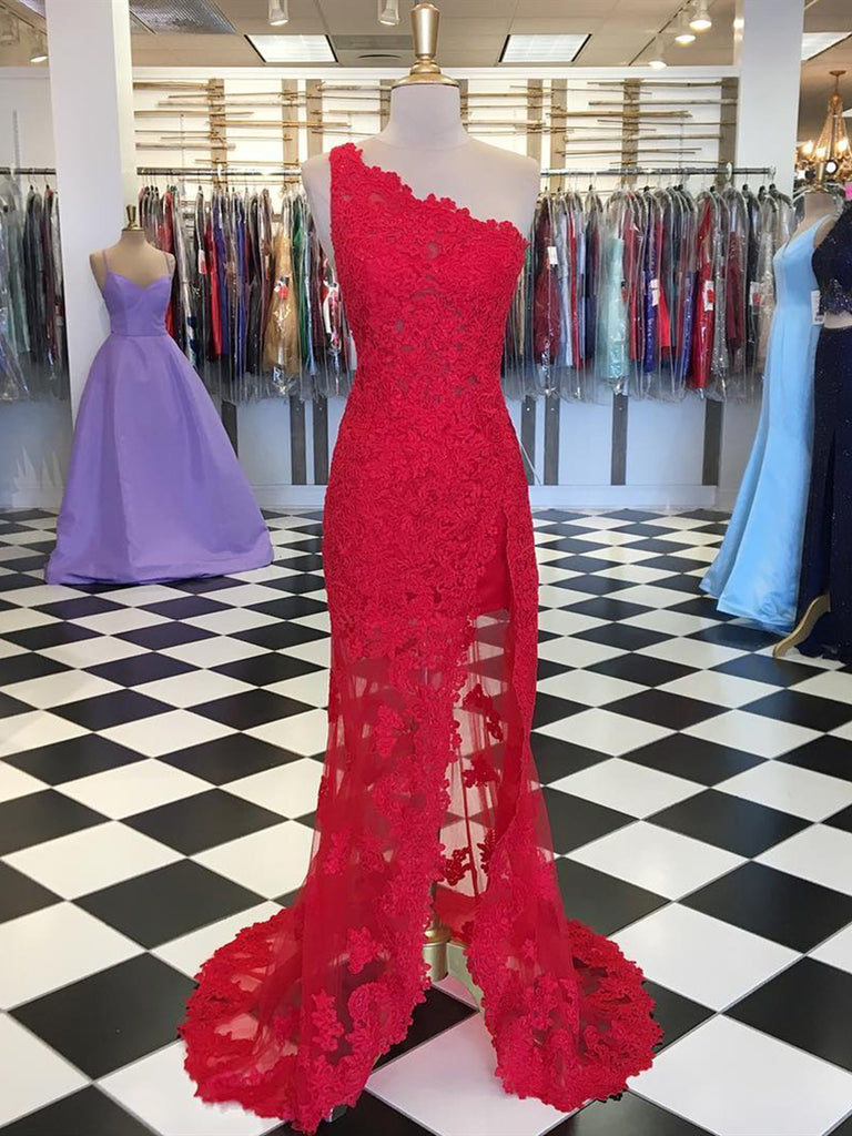 Red Mermaid One Shoulder Lace Long Prom Dresses with High Slit, Mermaid Red Lace Formal Dresses, Lace Red Evening Dresses