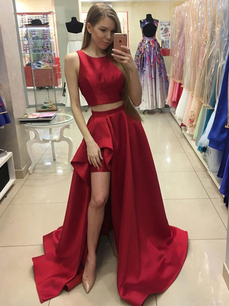 Red Round Neck Two Pieces High Low Satin Long Prom Dresses, Red Two Pi Shiny Party Red Round Neck Two Pieces High Low Satin Long Prom Dresses, Red Two Pi Shiny Party