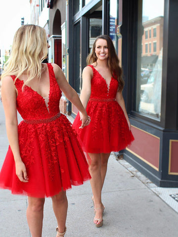 Red V Neck Lace Prom Dresses, Red Homecoming Dresses, Short Lace Dresses