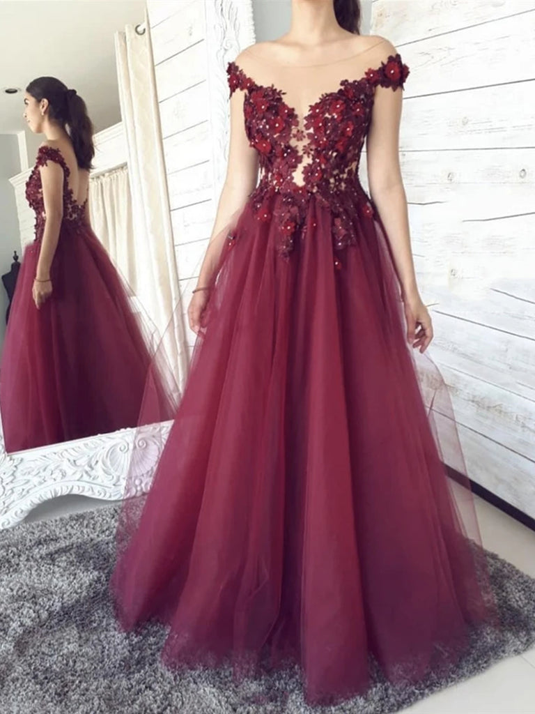 Round Neck Backless Burgundy Floral Lace Long Prom Dresses, Floral Bur Shiny Party Round Neck Backless Burgundy Floral Lace Long Prom Dresses, Floral Bur Shiny Party
