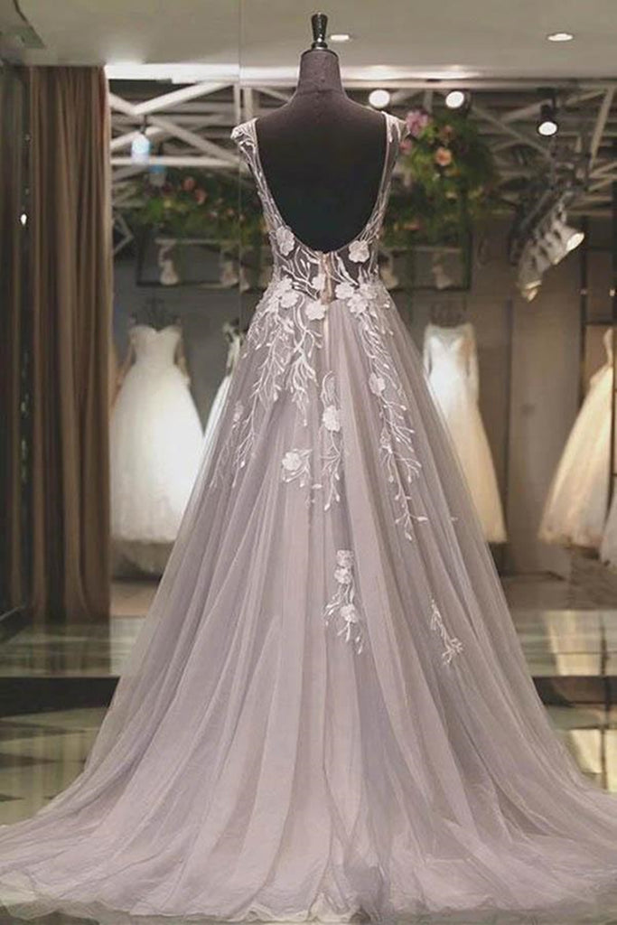 Round Neck Backless Grey Lace Floral Long Prom Dresses, Backless Gray Shiny Party Round Neck Backless Grey Lace Floral Long Prom Dresses, Backless Gray Shiny Party