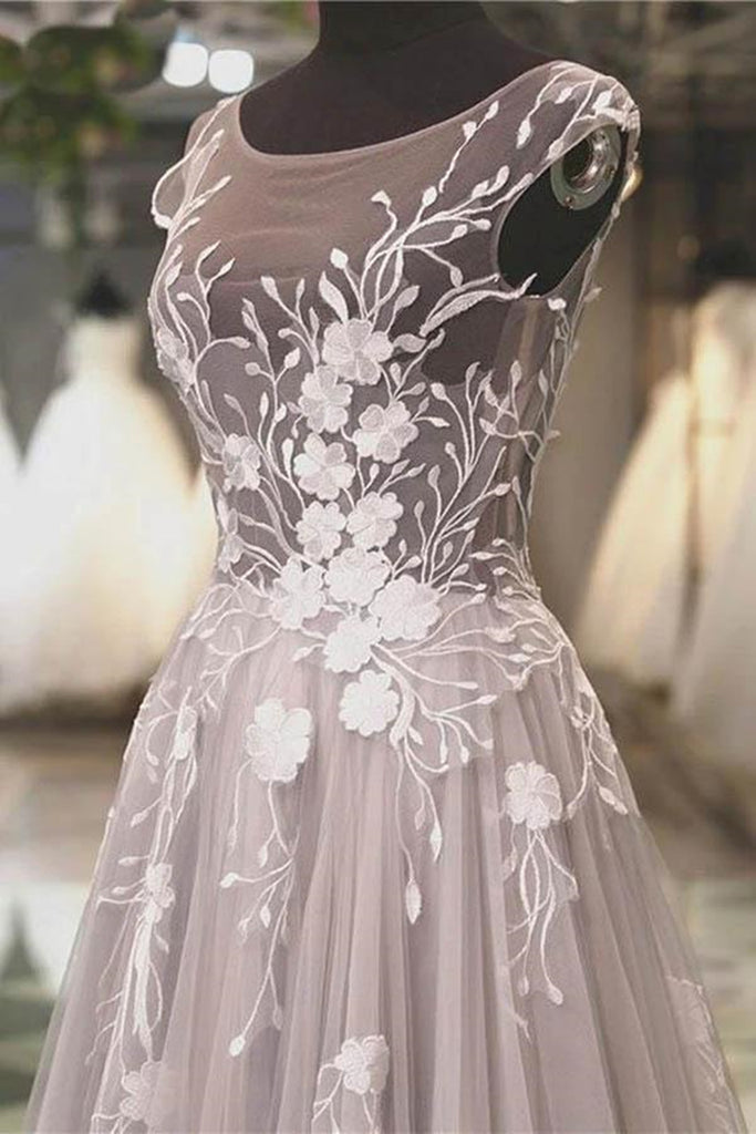 Round Neck Backless Grey Lace Floral Long Prom Dresses, Backless Gray Formal Dresses, 3D Flower Gray Evening Dresses Round Neck Backless Grey Lace Floral Long Prom Dresses, Backless Gray Formal Dresses, 3D Flower Gray Evening Dresses