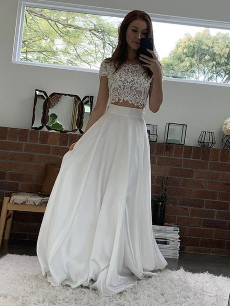 Round Neck Cap Sleeves 2 Pieces White Lace Prom Dresses, Two Pieces White Lace Formal Dresses, White Lace Evening Dresses