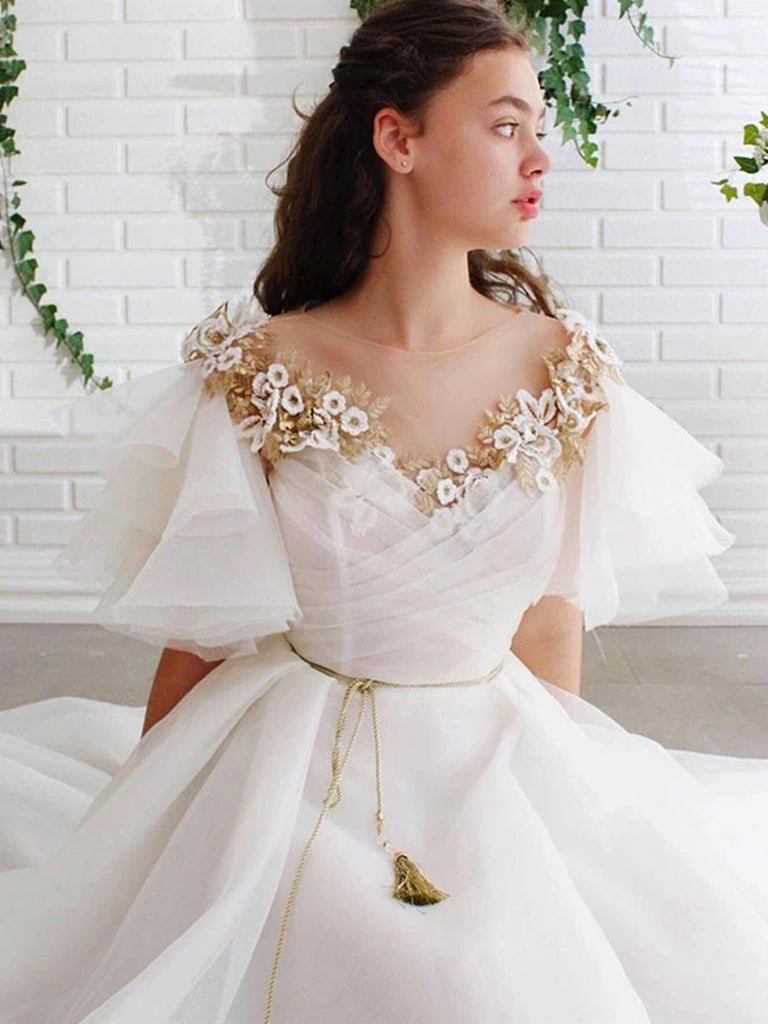 Round Neck Flared Sleeves 3D Flower White Long Prom Dresses, Long Flor Shiny Party Round Neck Flared Sleeves 3D Flower White Long Prom Dresses, Long Flor Shiny Party