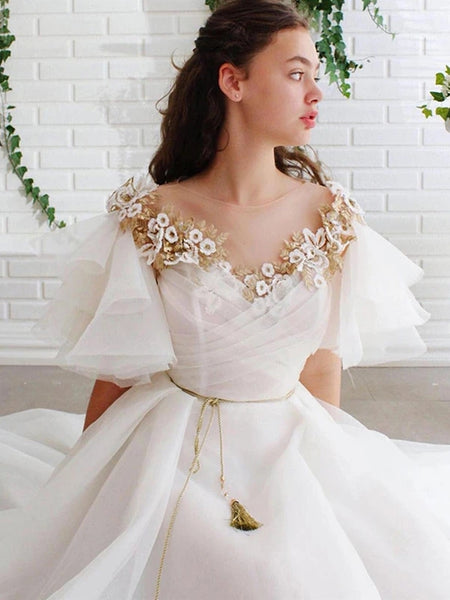 Round Neck Flared Sleeves 3D Flower White Long Prom Dresses, Long Floral White Formal Evening Dresses