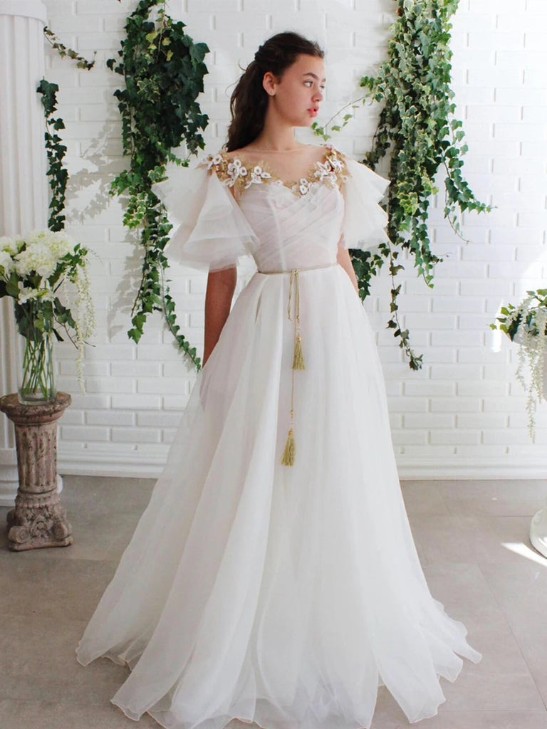Round Neck Flared Sleeves 3D Flower White Long Prom Dresses, Long Floral White Formal Evening Dresses Round Neck Flared Sleeves 3D Flower White Long Prom Dresses, Long Floral White Formal Evening Dresses