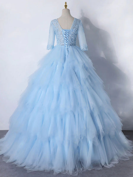 Round Neck Half Sleeves Layered Light Blue Long Prom Dresses, Light Blue Lace Formal Dresses, Blue Evening Dresses SP2564