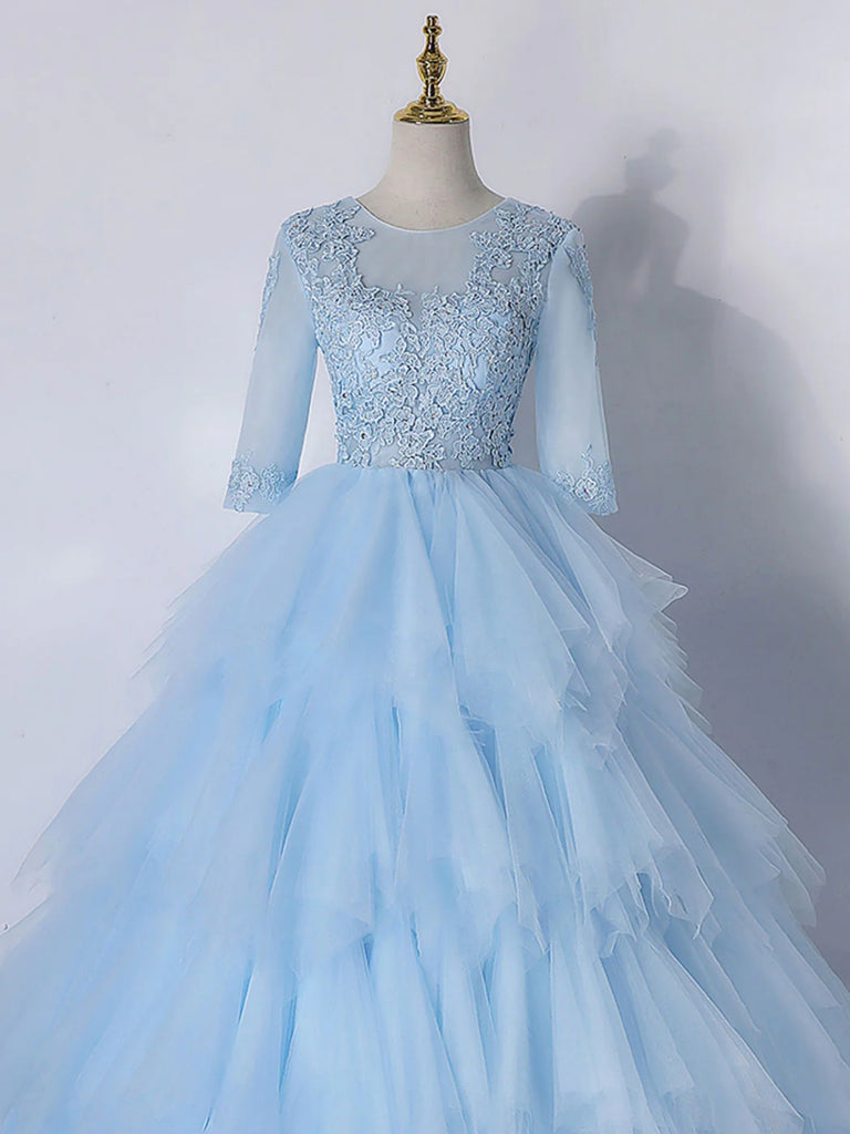 Round Neck Half Sleeves Layered Light Blue Long Prom Dresses, Light Bl Shiny Party Round Neck Half Sleeves Layered Light Blue Long Prom Dresses, Light Bl Shiny Party