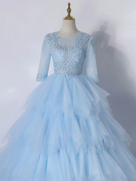 Round Neck Half Sleeves Layered Light Blue Long Prom Dresses, Light Blue Lace Formal Dresses, Blue Evening Dresses SP2564
