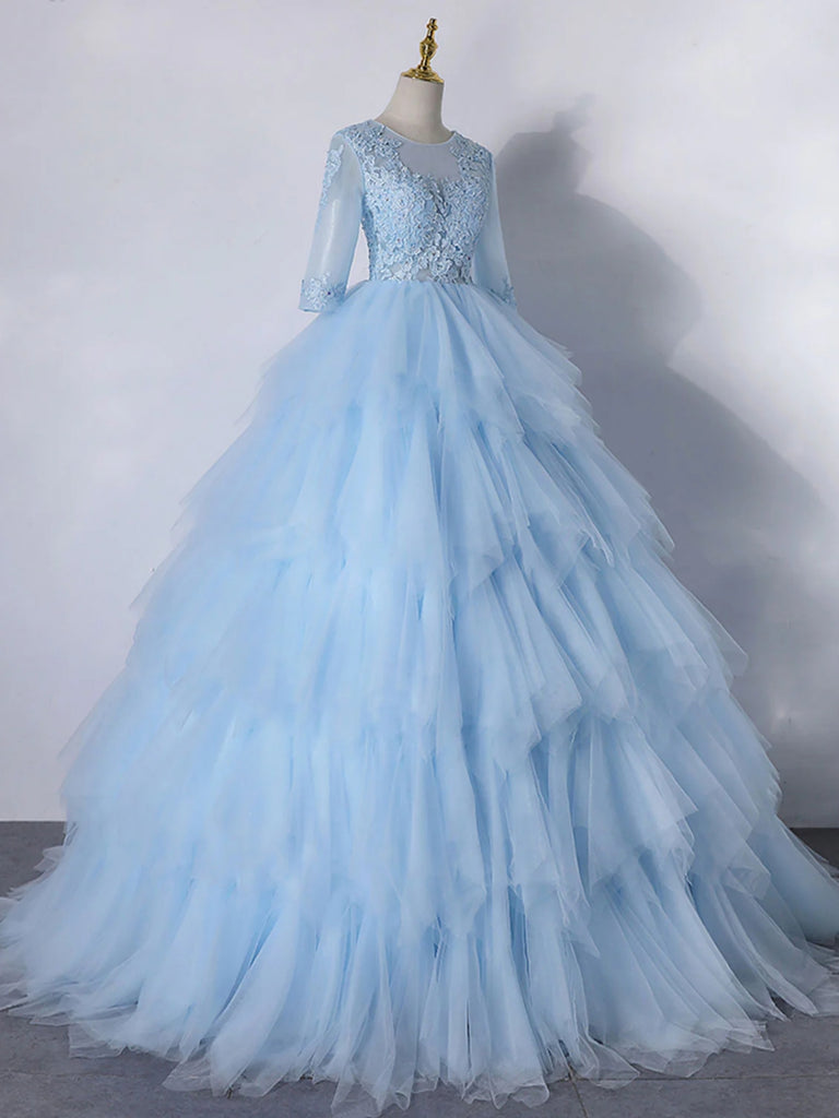 Round Neck Half Sleeves Layered Light Blue Long Prom Dresses, Light Bl
