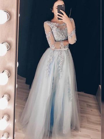 Round Neck Long Sleeves Grey Lace Long Prom Dresses, Grey Lace Formal Graduation Evening Dresses