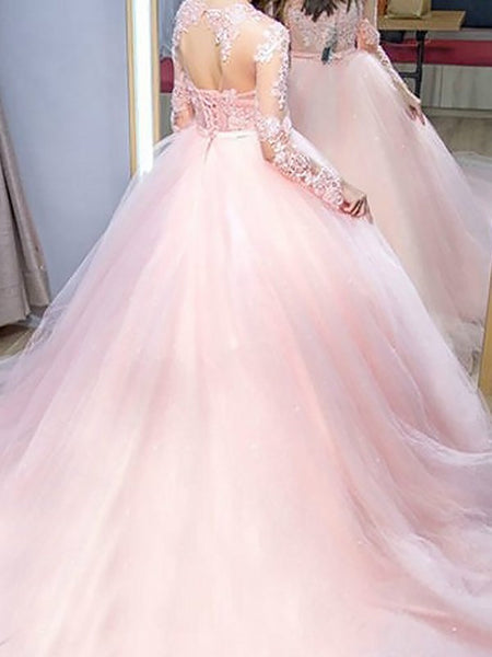 Round Neck Long Sleeves Pink Lace Long Prom Dresses, Long Sleeves Pink Formal Evening Dresses, Pink Lace Ball Gown SP2180