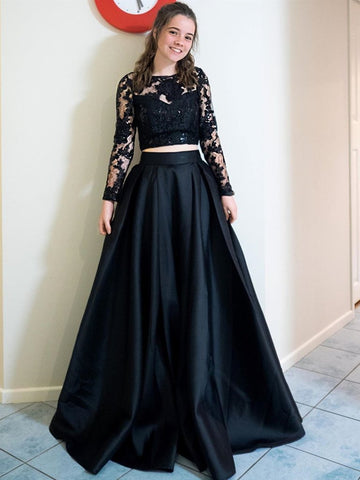 Round Neck Long Sleeves Two Pieces Black Lace Long Prom Dresses, 2 Pieces Black Lace Formal Graduation Evening Dresses