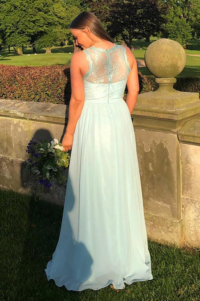Round Neck Mint Green Lace Long Prom Dresses, Long Green Lace