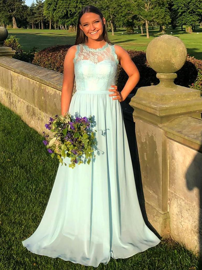 Round Neck Mint Green Lace Long Prom Dresses, Long Green Lace