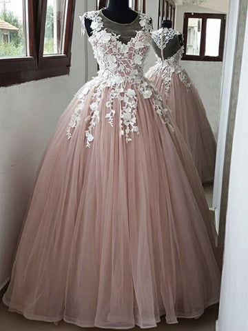 Round Neck Pink Lace Long Prom Dresses, Pink Lace Formal Dresses, Pink Evening Dresses
