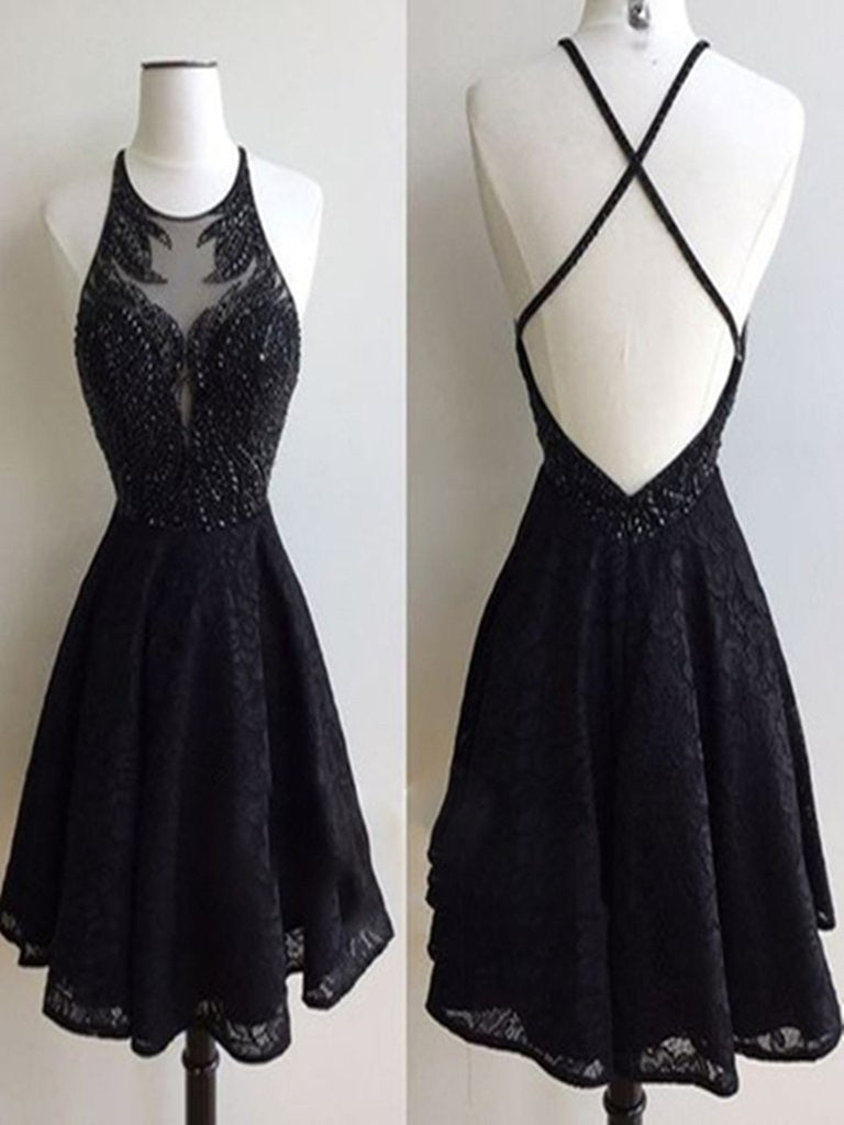 Round Neck Short Black Lace Prom Dresses, Short Black Lace Formal Dres