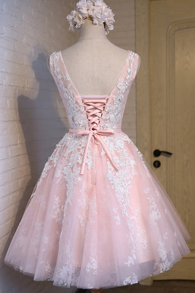 Round Neck Short Pink Lace Prom Dresses, Pink Lace Formal Graduation Evening Dresses, Pink Homecoming Dresses