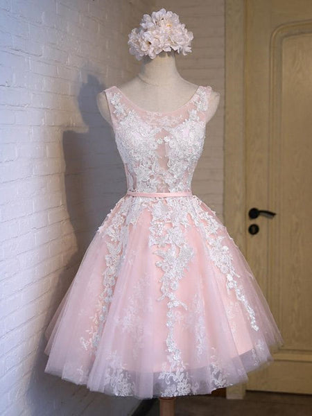 Round Neck Short Pink Lace Prom Dresses, Pink Lace Formal Graduation Evening Dresses, Pink Homecoming Dresses