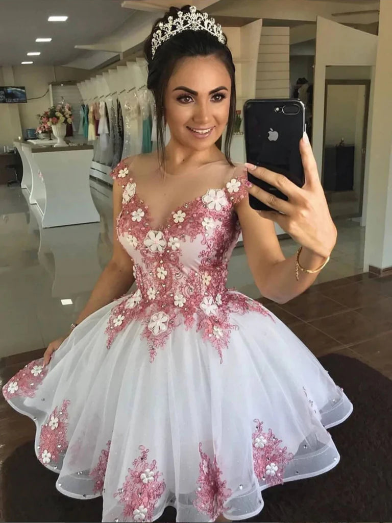 Round Neck Short White Prom Dresses with Lace Flowers, Lace Floral Homecoming Dresses, White Formal Evening Dresses SP2460