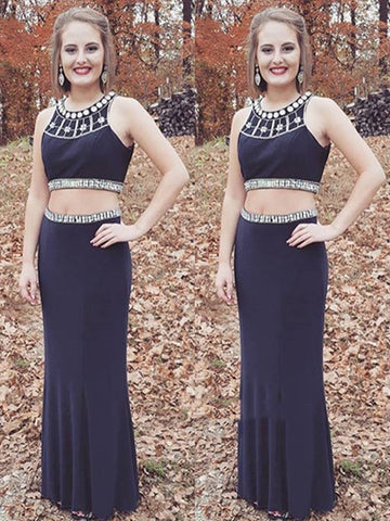 Round Neck Two Pieces Beaded Navy Blue Long Prom Dresses, Navy Blue Evening Dresses