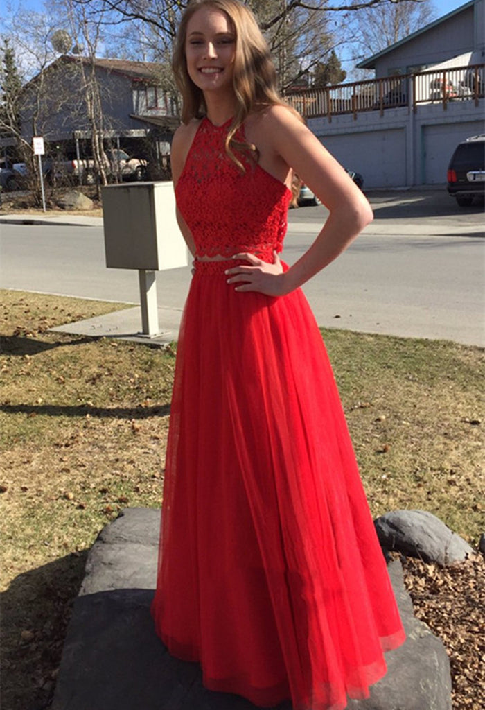 Round Neck Two Pieces Lace Red Prom Dresses, Red Lace Formal Dresses ...