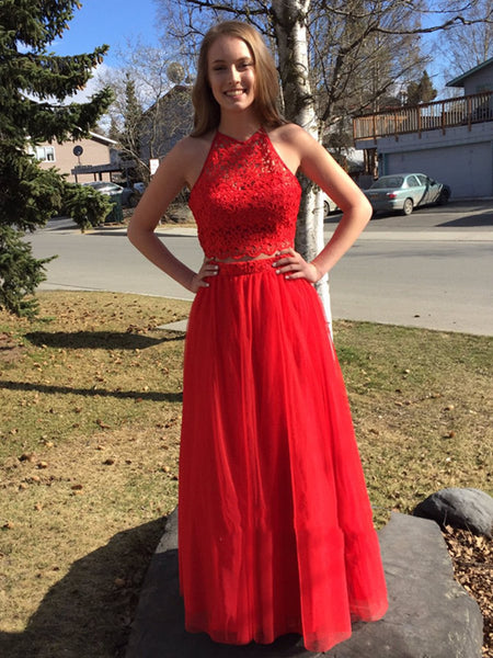 Round Neck Two Pieces Lace Red Prom Dresses, Red Lace Formal Dresses, Red Evening Dresses