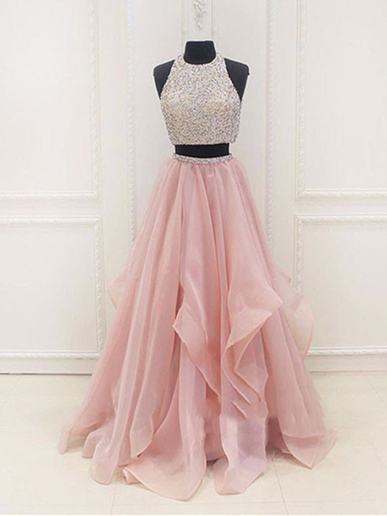 Round Neck Two Pieces Pink Prom Dresses, Two Pieces Pink Formal Dresses, Evening Dresses