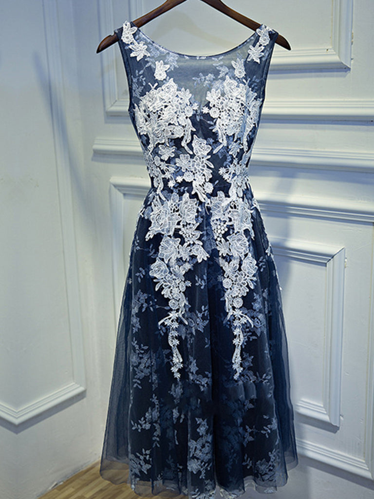Round Neck White Lace Blue Prom Dress, Blue Formal Dress, Lace Evening Shiny Party Round Neck White Lace Blue Prom Dress, Blue Formal Dress, Lace Evening Shiny Party