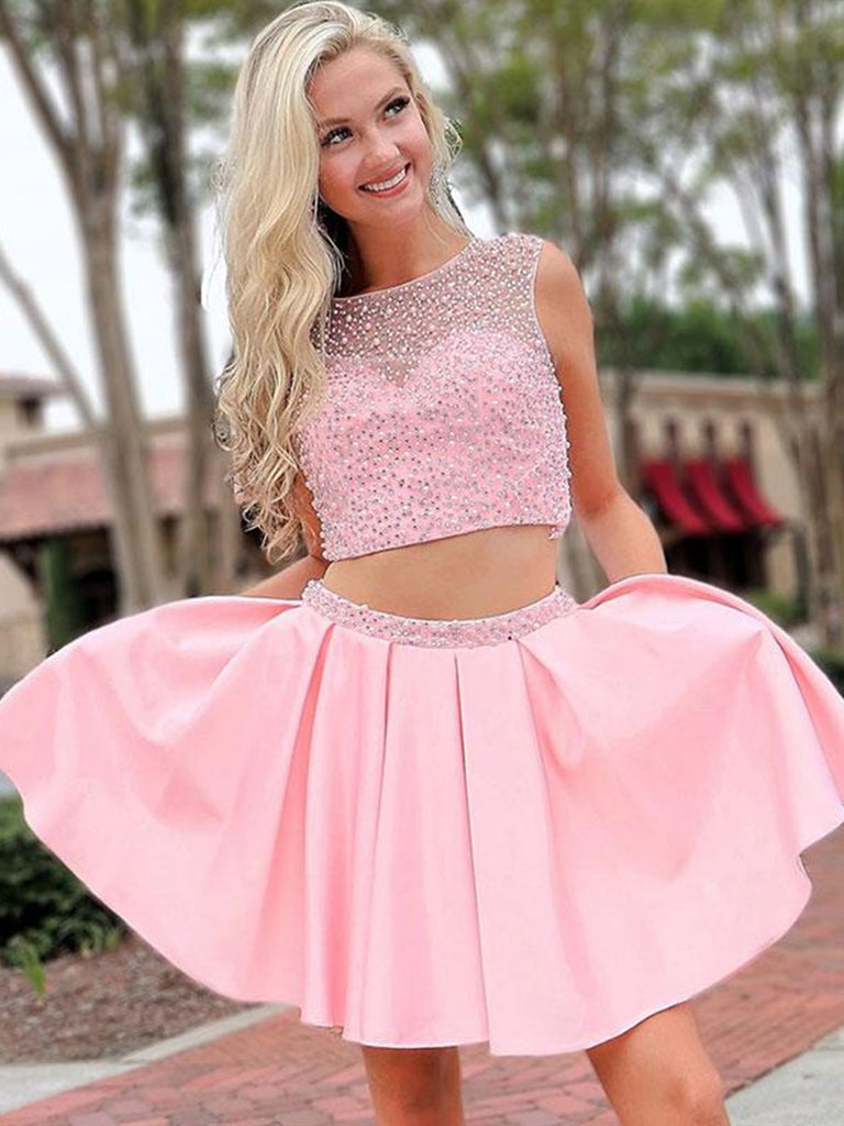 Round Neck 2 Pieces Beades Pink Prom Dresses, Pink 2 Pieces Homecoming Dresses, Pink Short Formal Dresses Round Neck 2 Pieces Beades Pink Prom Dresses, Pink 2 Pieces Homecoming Dresses, Pink Short Formal Dresses