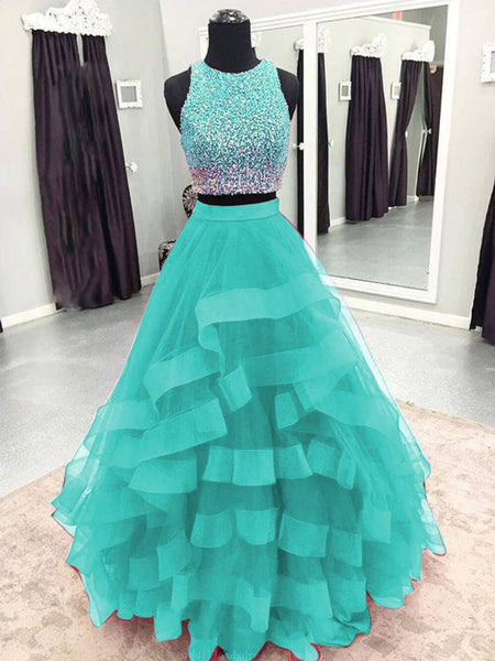 Round Neck 2 Pieces Green/Burgundy/Blue Tulle Sequins Long Prom Dresses, 2 Pieces Green/Burgundy/Blue Formal Evening Dresses
