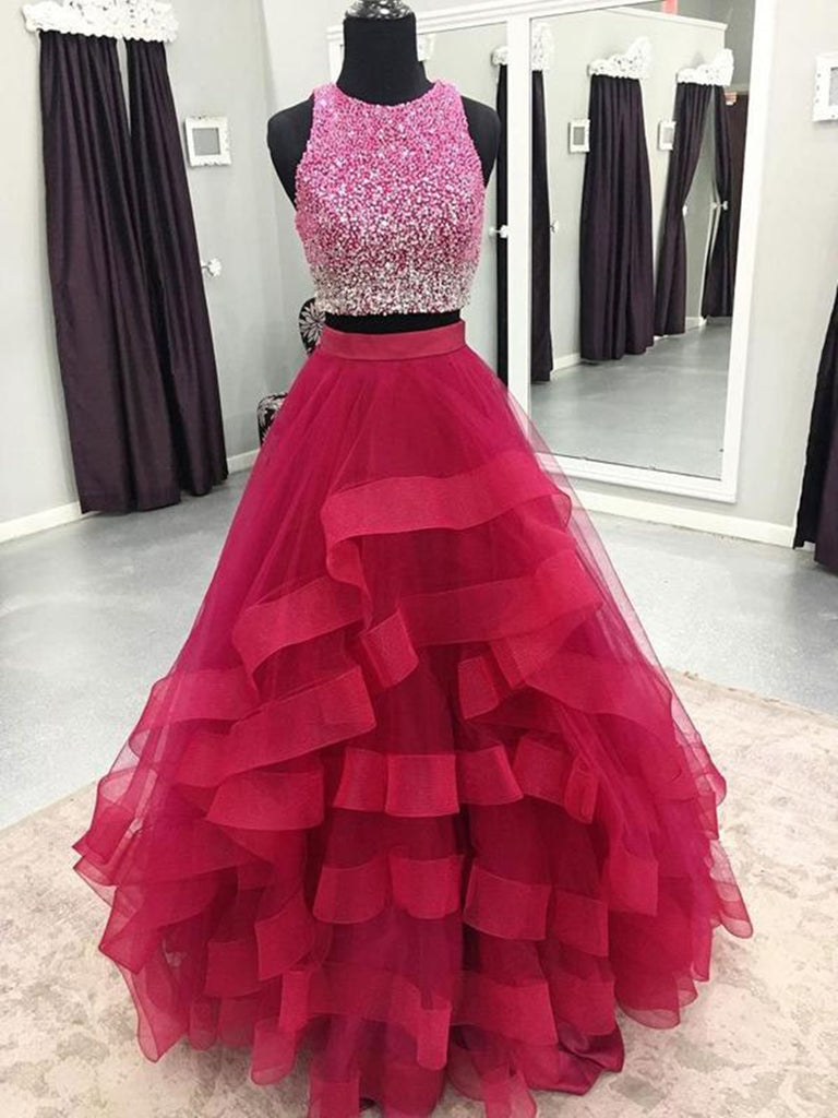 Round Neck 2 Pieces Green/Burgundy/Blue Tulle Sequins Long Prom Dresse Shiny Party Round Neck 2 Pieces Green/Burgundy/Blue Tulle Sequins Long Prom Dresse Shiny Party