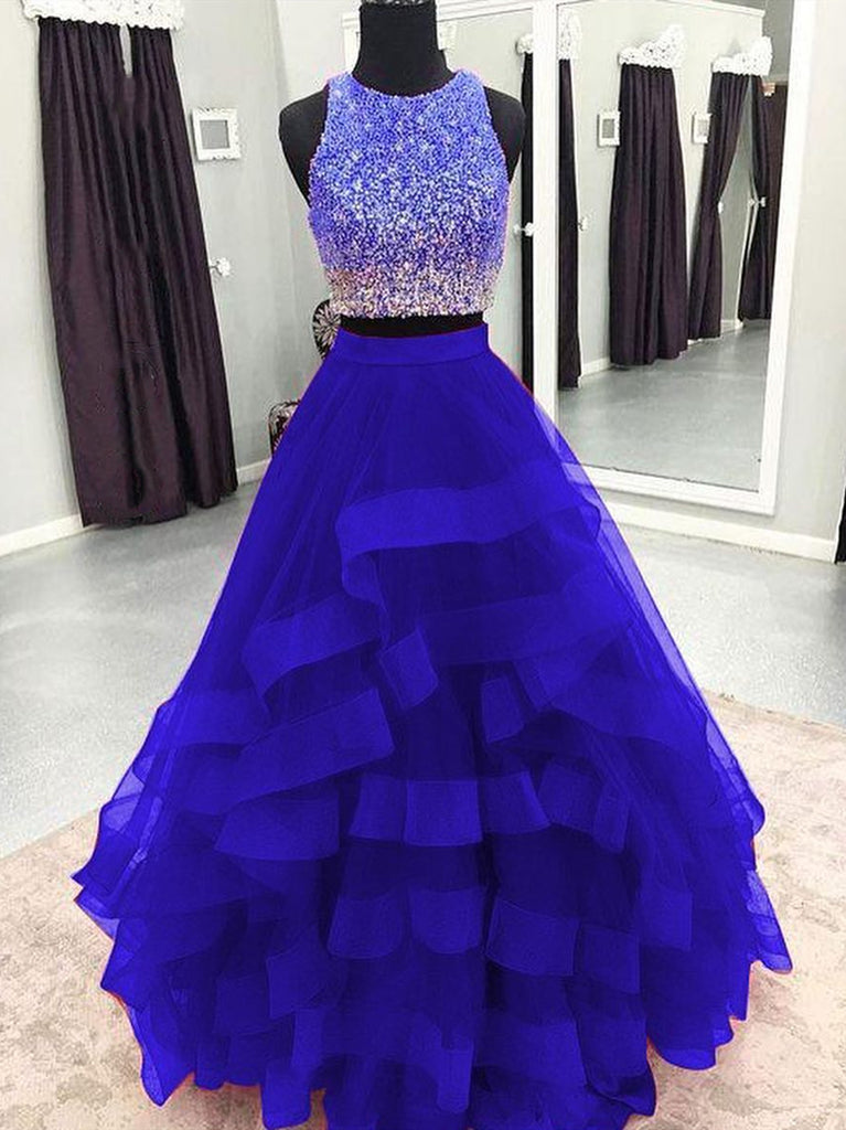 Round Neck 2 Pieces Green/Burgundy/Blue Tulle Sequins Long Prom Dresse Shiny Party Round Neck 2 Pieces Green/Burgundy/Blue Tulle Sequins Long Prom Dresse Shiny Party
