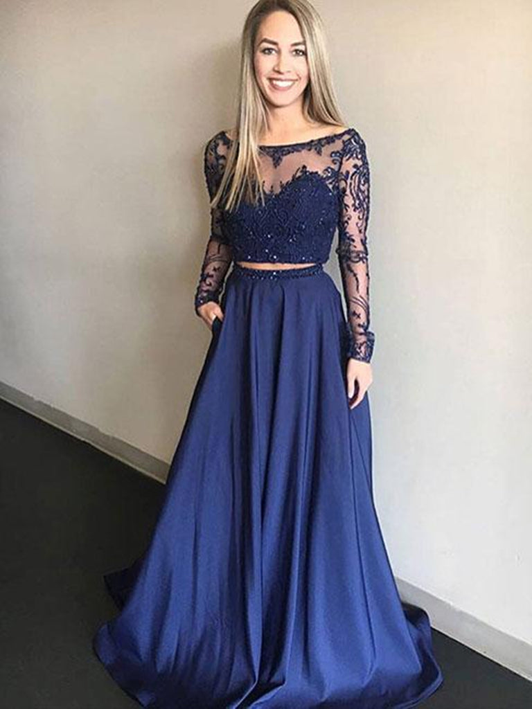 Round Neck 2 Pieces Long Sleeves Lace Blue Long Prom Dresses, 2 Pieces Shiny Party Round Neck 2 Pieces Long Sleeves Lace Blue Long Prom Dresses, 2 Pieces Shiny Party