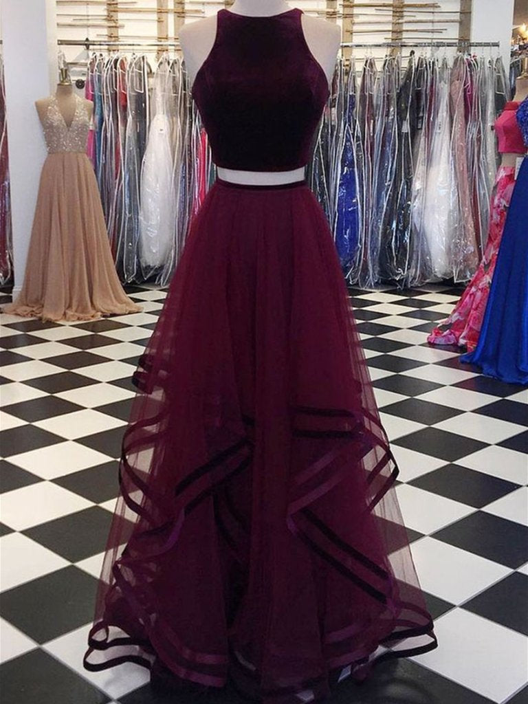 Round Neck 2 Pieces Tulle Purple Long Prom Dresses, 2 Pieces Purple Fo Shiny Party Round Neck 2 Pieces Tulle Purple Long Prom Dresses, 2 Pieces Purple Fo Shiny Party
