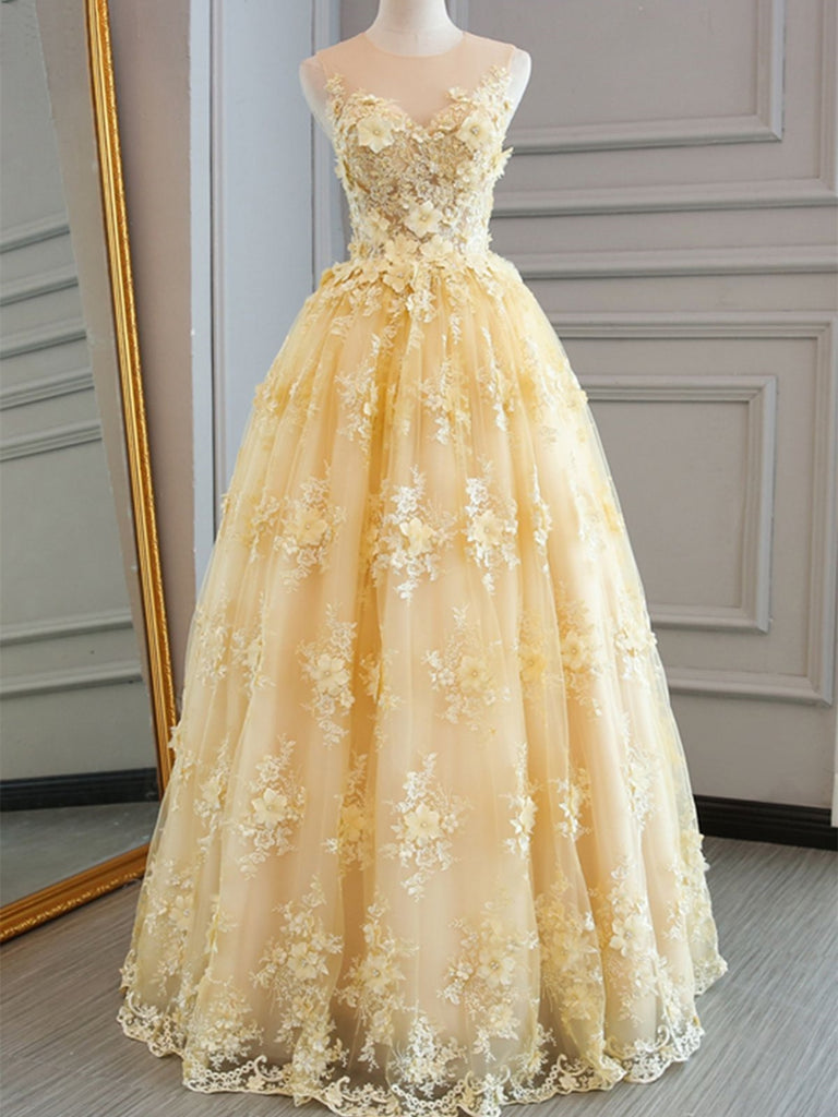 Round Neck Appliques Yellow Lace Prom Dresses, Yellow Lace Formal Dresses, Yellow Evening Dresses