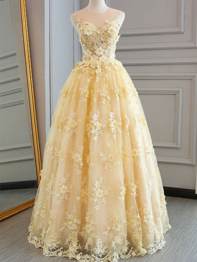Round Neck Appliques Yellow Lace Prom Dresses, Yellow Lace Formal Dres Shiny Party Round Neck Appliques Yellow Lace Prom Dresses, Yellow Lace Formal Dres Shiny Party
