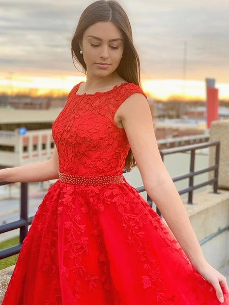 Round Neck Cap Sleeves Lace Red Long Prom Dresses, Cap Sleeves Red Lace Formal Dresses, Red Lace Evening Dresses, Red Ball Gown