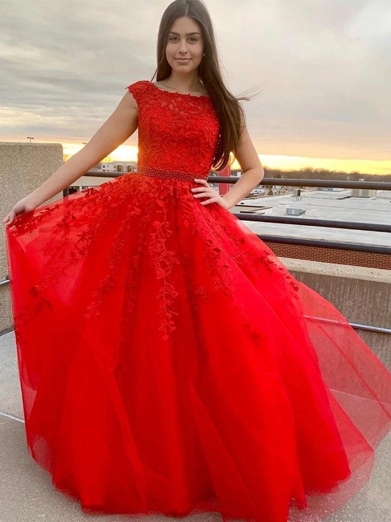 Round Neck Cap Sleeves Lace Red Long Prom Dresses, Cap Sleeves Red Lace Formal Dresses, Red Lace Evening Dresses, Red Ball Gown