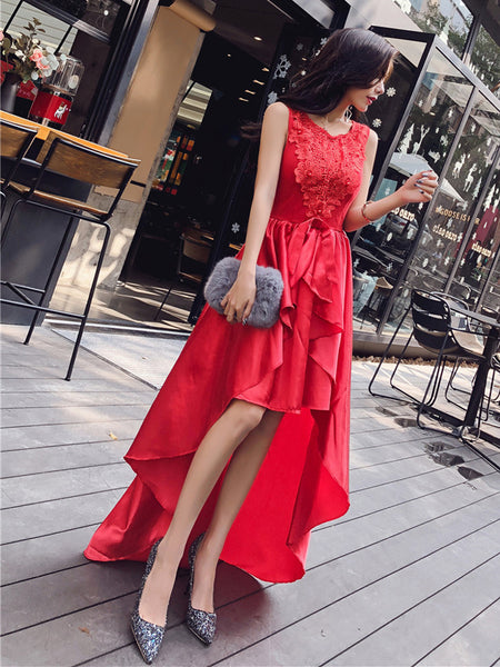 Round Neck High Low Satin Lace Navy Blue Prom Dresses, Red High Low Formal Dresses