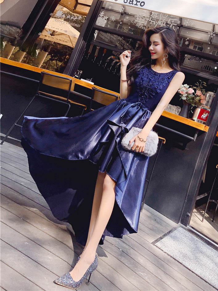 Round Neck High Low Satin Lace Navy Blue Prom Dresses, Red High Low Fo Shiny Party Round Neck High Low Satin Lace Navy Blue Prom Dresses, Red High Low Fo Shiny Party