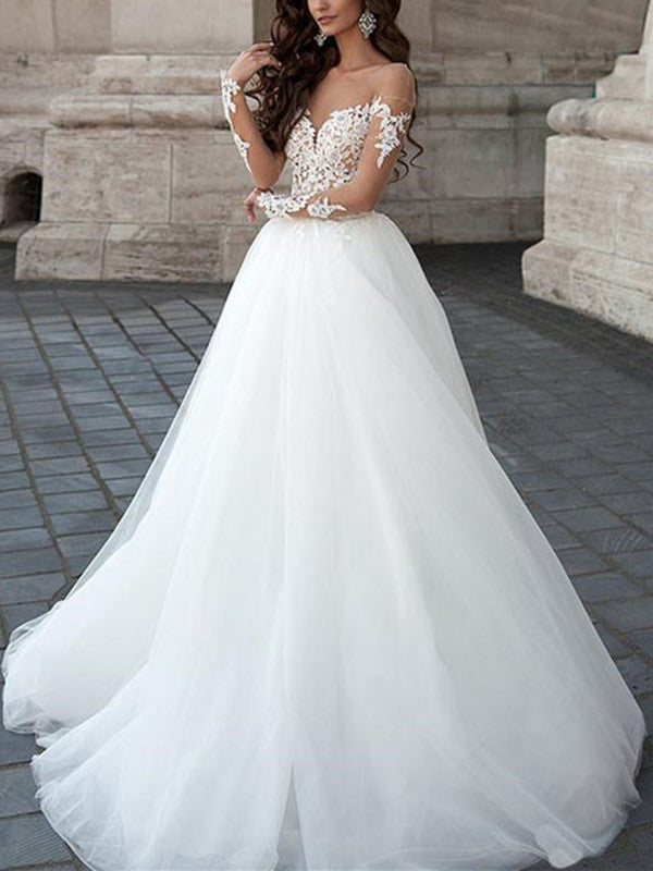 Round Neck Long Sleeves Backless Lace White Wedding Dresses, Lace Whit Shiny Party Round Neck Long Sleeves Backless Lace White Wedding Dresses, Lace Whit Shiny Party
