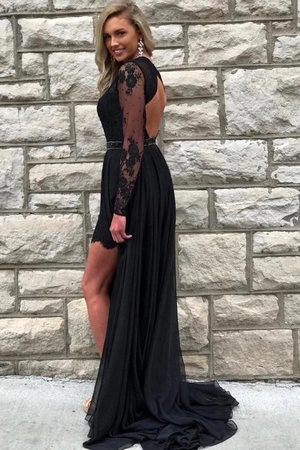 Round Neck Long Sleeves Open Back Lace Black Prom Dresses with Slit, Long Sleeves Black Lace Formal Dresses, Black Evening Dresses Round Neck Long Sleeves Open Back Lace Black Prom Dresses with Slit, Long Sleeves Black Lace Formal Dresses, Black Evening Dresses