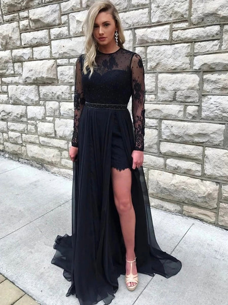 Round Neck Long Sleeves Open Back Lace Black Prom Dresses with Slit, Long Sleeves Black Lace Formal Dresses, Black Evening Dresses