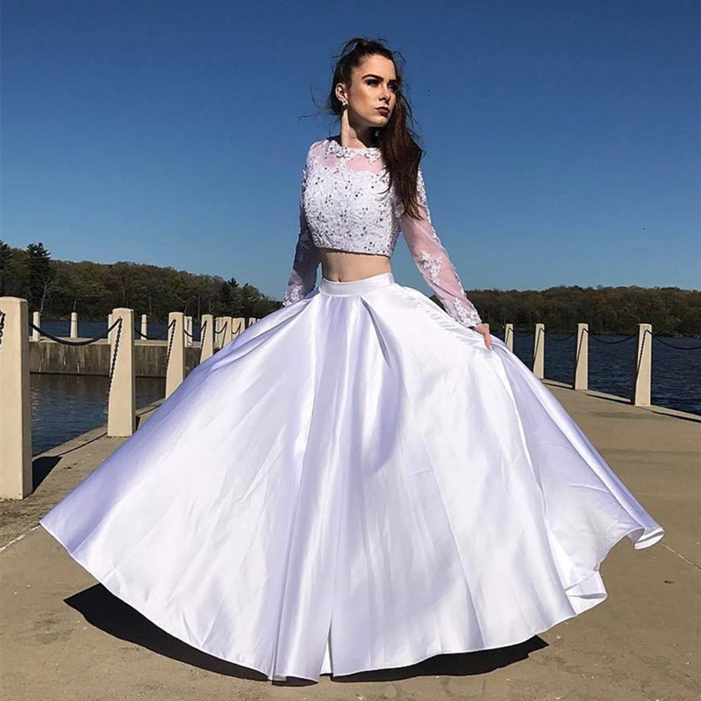Round Neck Long Sleeves Two Pieces Lace White Prom Dresses, Long Sleeves White Lace Formal Dresses, Two Pieces White Lace Evening Dresses Round Neck Long Sleeves Two Pieces Lace White Prom Dresses, Long Sleeves White Lace Formal Dresses, Two Pieces White Lace Evening Dresses