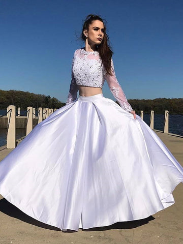 Round Neck Long Sleeves Two Pieces Lace White Prom Dresses, Long Sleeves White Lace Formal Dresses, Two Pieces White Lace Evening Dresses